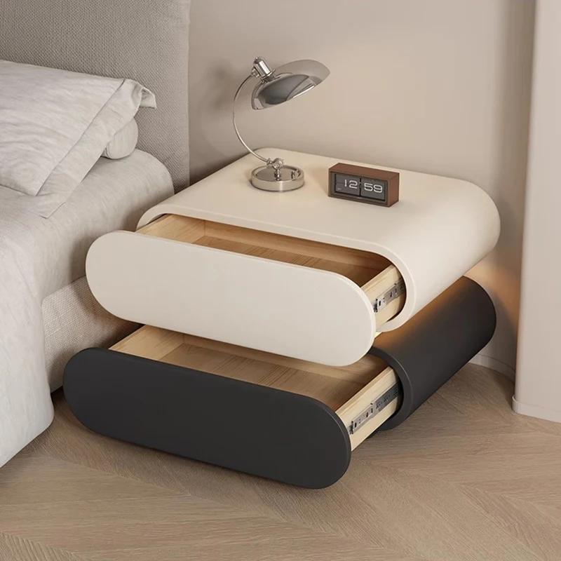 Modern Luxury Cat Scratch Resistant Leather Solid Wood Multilayer Plywood Oval Nightstand With 2-Drawer For Bedroom