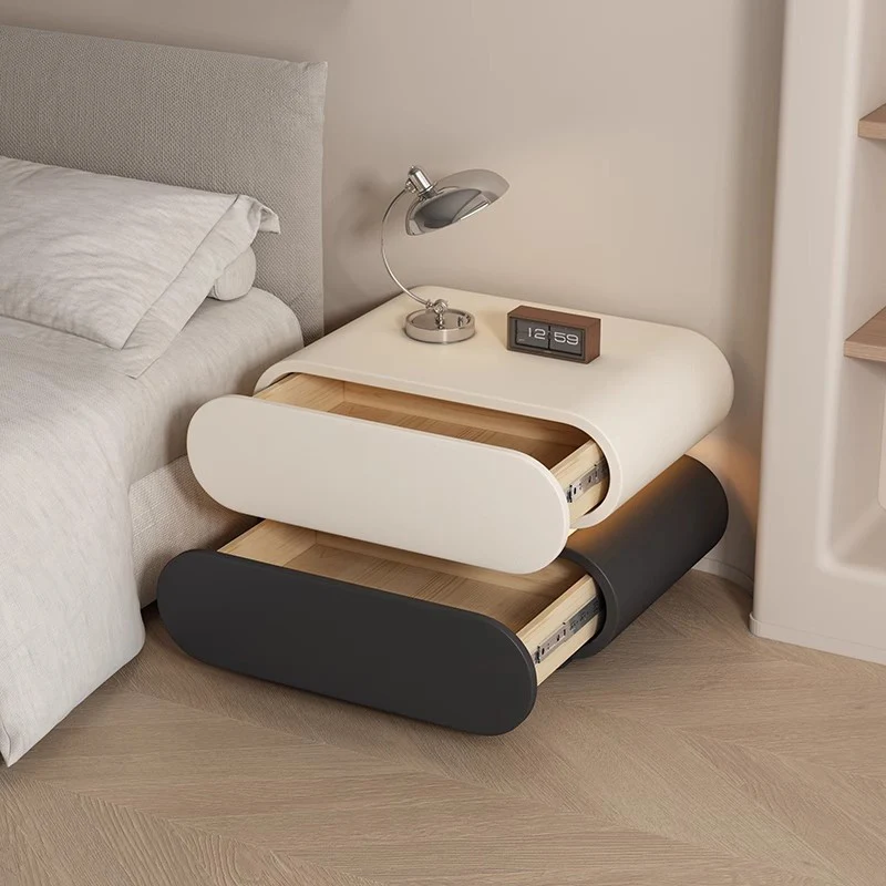 Modern Luxury Cat Scratch Resistant Leather Solid Wood Multilayer Plywood Oval Nightstand With 2-Drawer For Bedroom