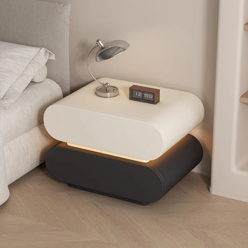 Modern Luxury Cat Scratch Resistant Leather Solid Wood Multilayer Plywood Oval Nightstand With 2-Drawer For Bedroom