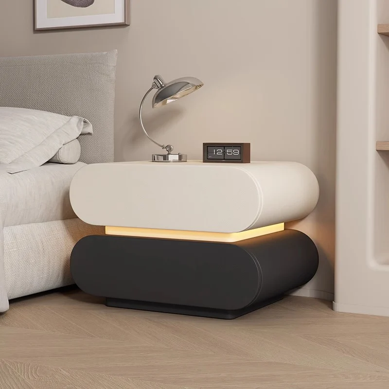 Modern Luxury Cat Scratch Resistant Leather Solid Wood Multilayer Plywood Oval Nightstand With 2-Drawer For Bedroom
