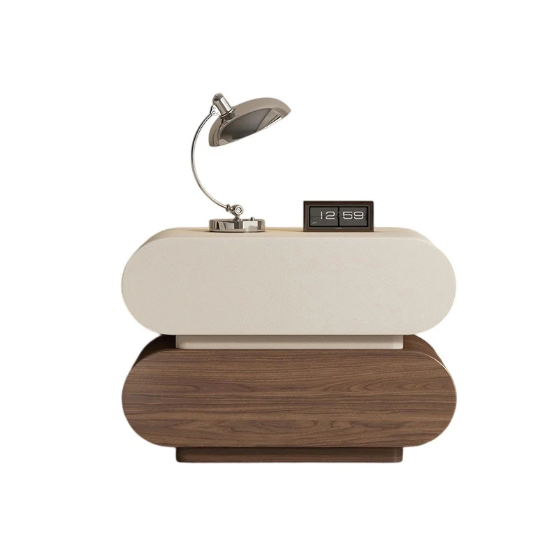 Modern Luxury Cat Scratch Resistant Leather Solid Wood Multilayer Plywood Oval Nightstand With 2-Drawer For Bedroom