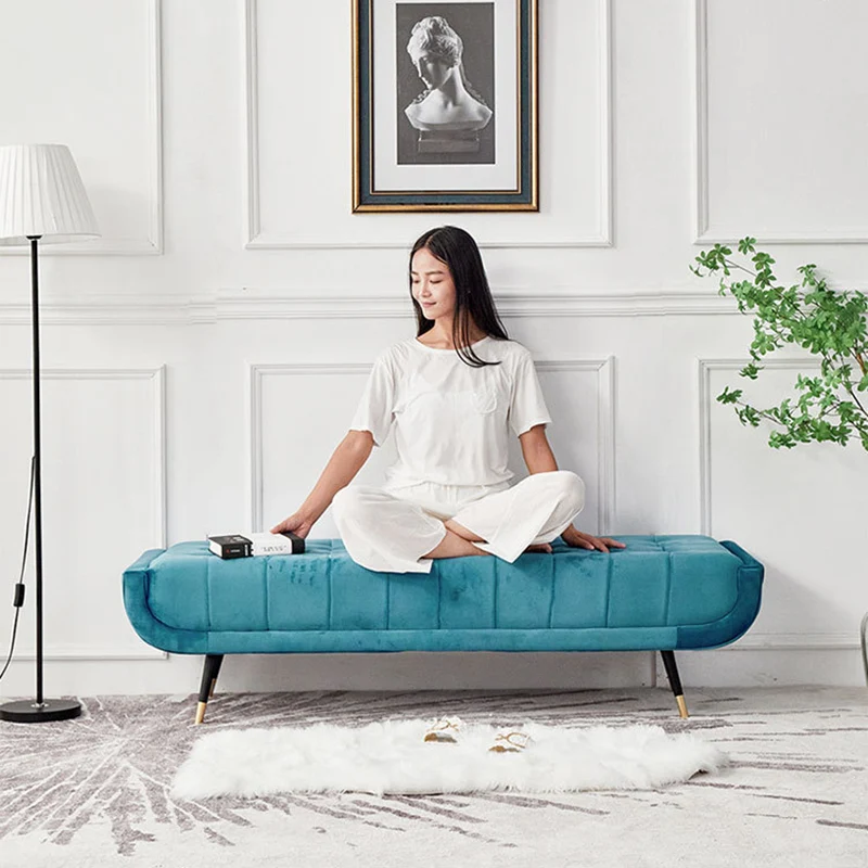 Modern Minimalist Rectangular Velvet Fabric Plywood Sponge Footstool For Living Room