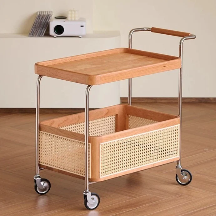 Modern Minimalist Rectangular Rubberwood Carbon Steel Faux Rattan Weaving Movable End Table 2-Tier For Living Room