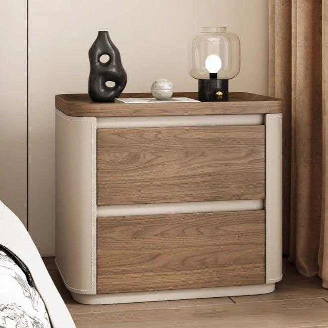 Modern Minimalist Rectangular Plywood Pine Wood Saddle-Style Faux Leather Nightstand 2-Drawer For Bedroom