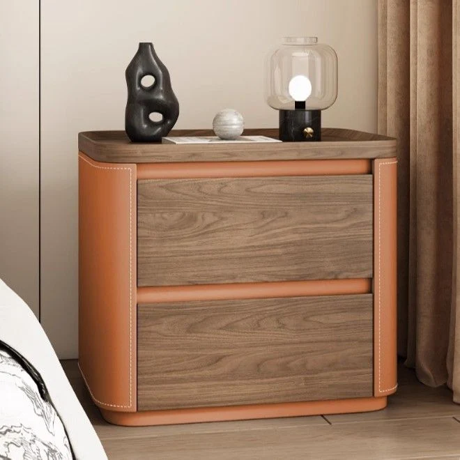 Modern Minimalist Rectangular Plywood Pine Wood Saddle-Style Faux Leather Nightstand 2-Drawer For Bedroom