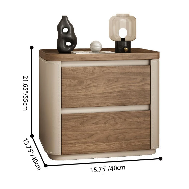 Modern Minimalist Rectangular Plywood Pine Wood Saddle-Style Faux Leather Nightstand 2-Drawer For Bedroom