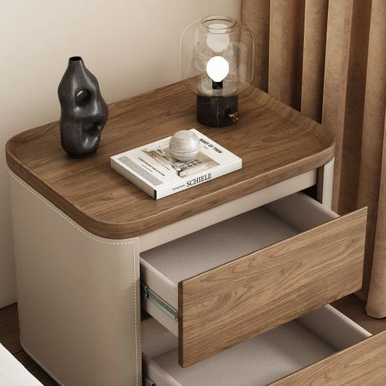 Modern Minimalist Rectangular Plywood Pine Wood Saddle-Style Faux Leather Nightstand 2-Drawer For Bedroom