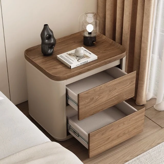 Modern Minimalist Rectangular Plywood Pine Wood Saddle-Style Faux Leather Nightstand 2-Drawer For Bedroom