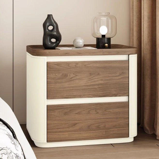Modern Minimalist Rectangular Plywood Pine Wood Saddle-Style Faux Leather Nightstand 2-Drawer For Bedroom