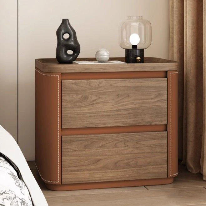 Modern Minimalist Rectangular Plywood Pine Wood Saddle-Style Faux Leather Nightstand 2-Drawer For Bedroom