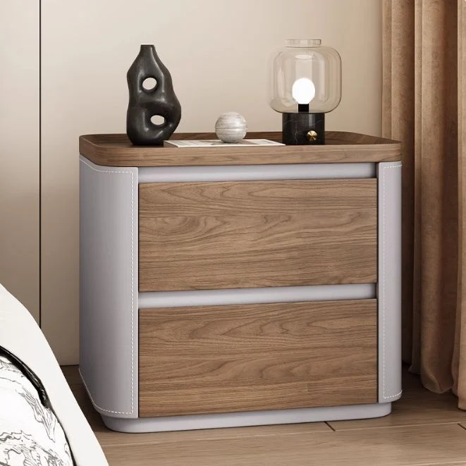 Modern Minimalist Rectangular Plywood Pine Wood Saddle-Style Faux Leather Nightstand 2-Drawer For Bedroom