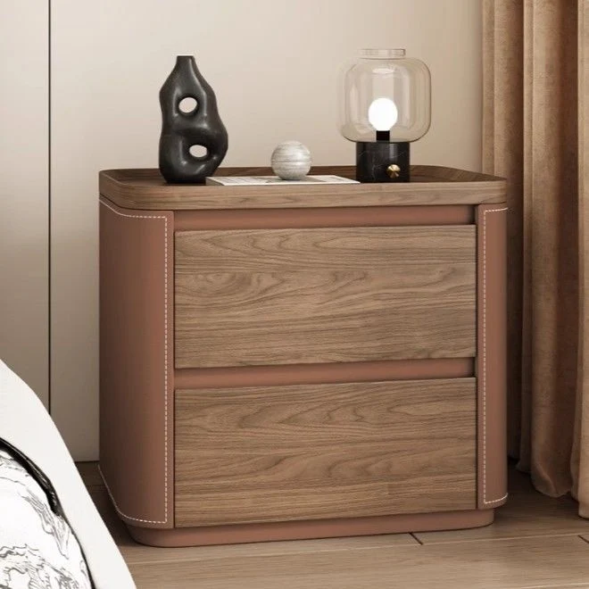 Modern Minimalist Rectangular Plywood Pine Wood Saddle-Style Faux Leather Nightstand 2-Drawer For Bedroom