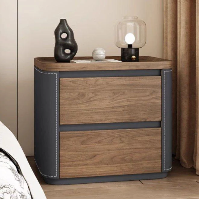 Modern Minimalist Rectangular Plywood Pine Wood Saddle-Style Faux Leather Nightstand 2-Drawer For Bedroom