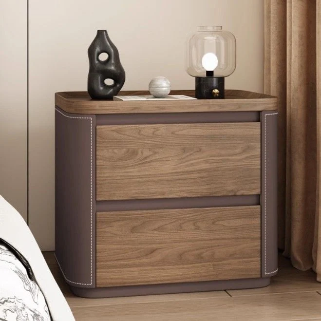 Modern Minimalist Rectangular Plywood Pine Wood Saddle-Style Faux Leather Nightstand 2-Drawer For Bedroom