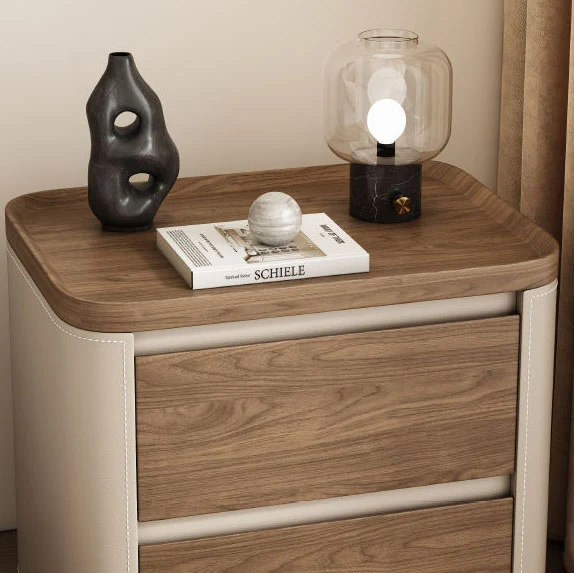 Modern Minimalist Rectangular Plywood Pine Wood Saddle-Style Faux Leather Nightstand 2-Drawer For Bedroom