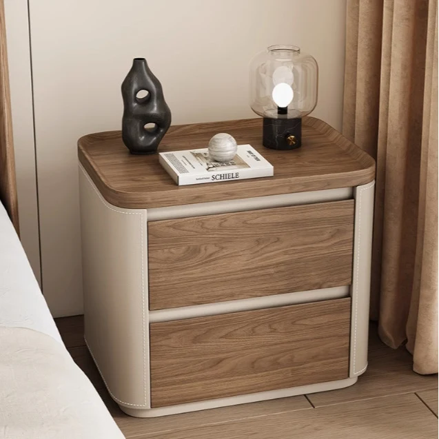 Modern Minimalist Rectangular Plywood Pine Wood Saddle-Style Faux Leather Nightstand 2-Drawer For Bedroom