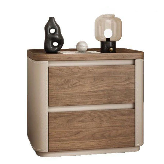 Modern Minimalist Rectangular Plywood Pine Wood Saddle-Style Faux Leather Nightstand 2-Drawer For Bedroom