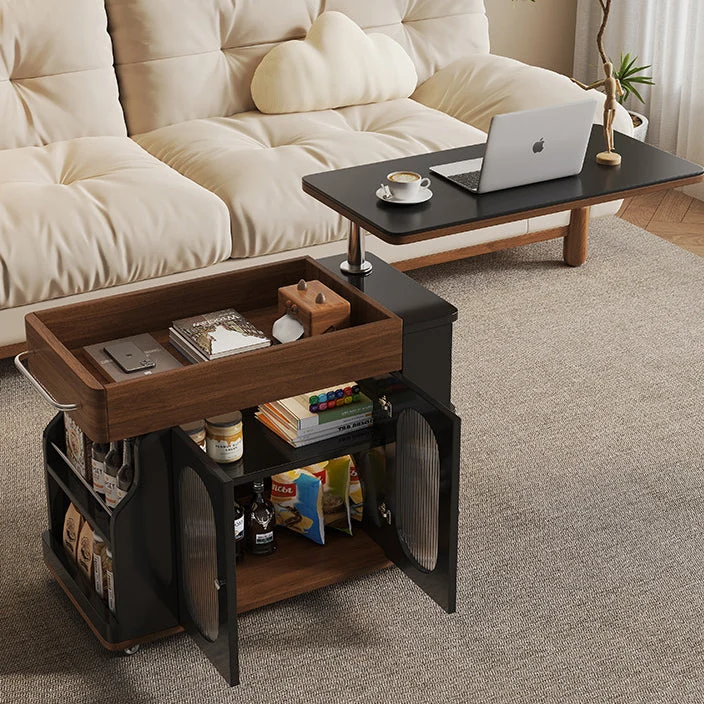 Modern Minimalist Rectangular Solid Wood Eco Board Iron Stainless Steel 360°Swivel Height Adjustable Movable End Table 7-Cabinet For Living Room