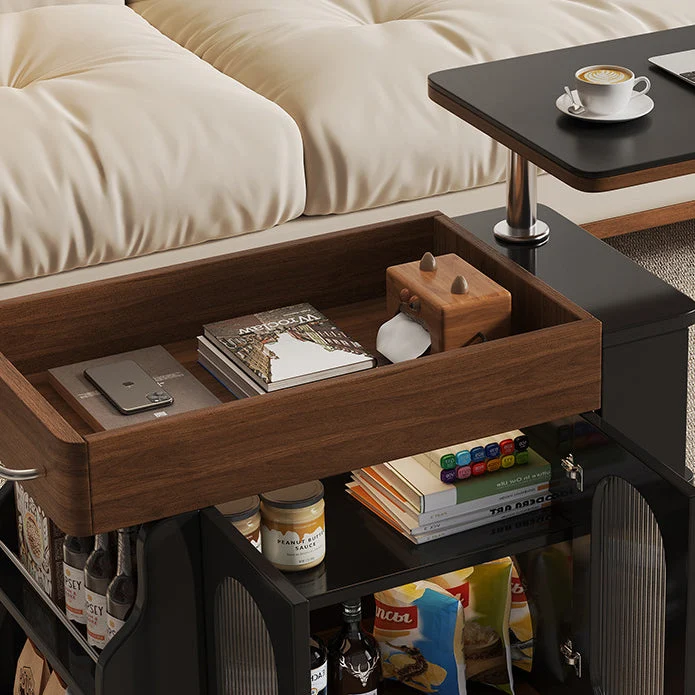 Modern Minimalist Rectangular Solid Wood Eco Board Iron Stainless Steel 360°Swivel Height Adjustable Movable End Table 7-Cabinet For Living Room