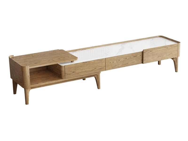 Hand-Sanded Ash Wood TV Stand - French Extendable Rock Slab & Solid Craft TV Cabinet 2 -Drawer For Living Room