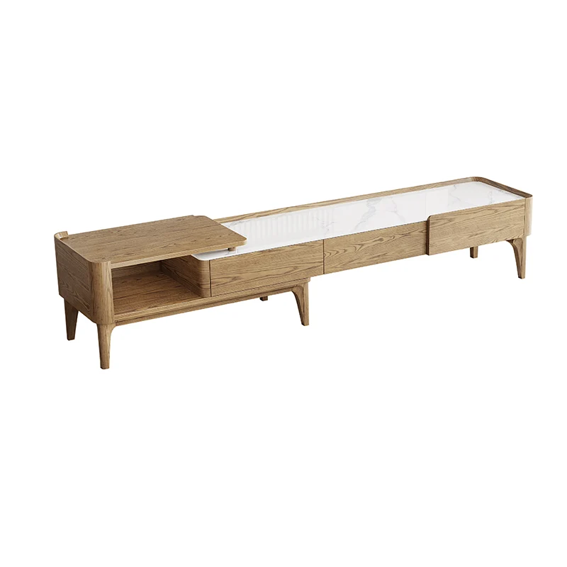 Hand-Sanded Ash Wood TV Stand - French Extendable Rock Slab & Solid Craft TV Cabinet 2 -Drawer For Living Room