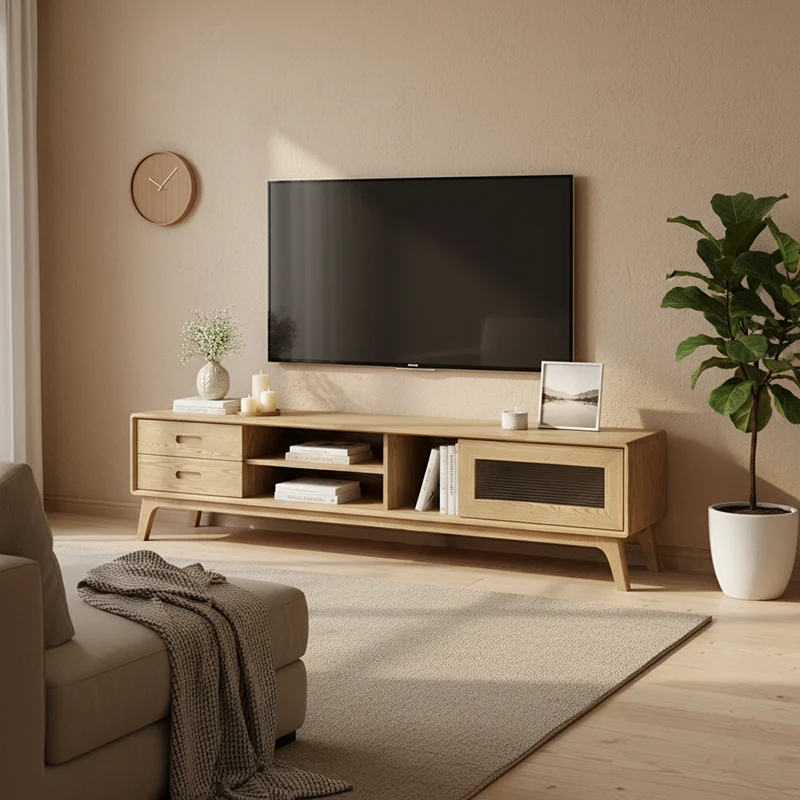 Non-Toxic Ash Wood TV Stand - Modern Minimalist Invisible Slide Drawer & Open Shelf Design TV Cabinet 2 -Drawer For Living Room