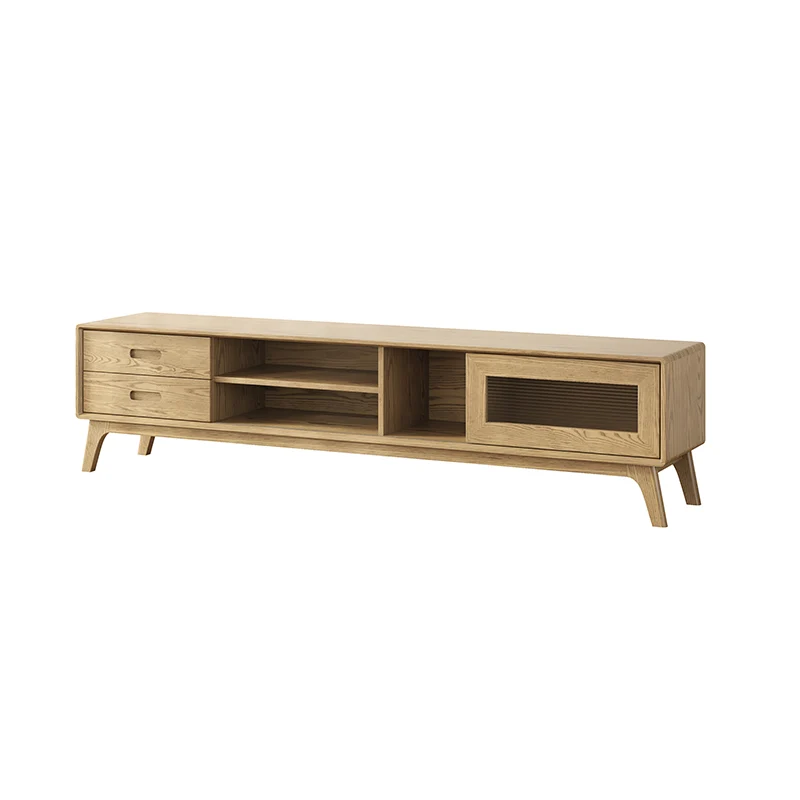 Non-Toxic Ash Wood TV Stand - Modern Minimalist Invisible Slide Drawer & Open Shelf Design TV Cabinet 2 -Drawer For Living Room