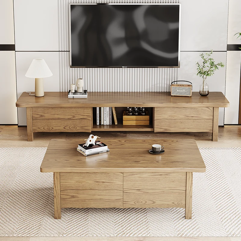 Formaldehyde-Free Ash Wood TV Stand - Modern Minimalist Solid Construction & Open Compartment TV Cabinet 2 -Drawer For Living Room