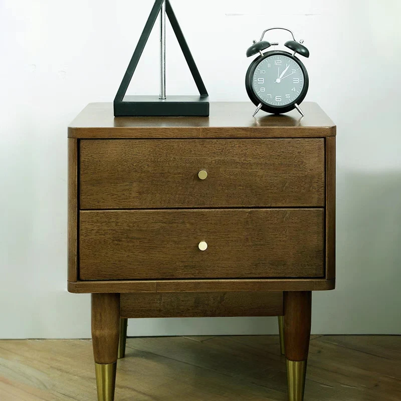 Traditional Vintage Rubberwood Zinc Alloy Square Nightstand With 2 Drawers For Bedroom