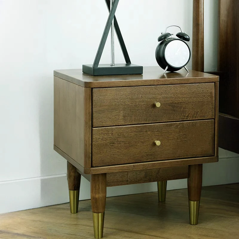 Traditional Vintage Rubberwood Zinc Alloy Square Nightstand With 2 Drawers For Bedroom