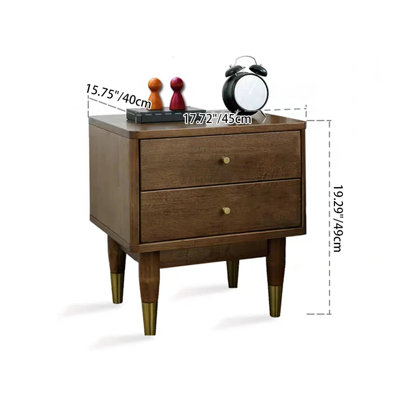 Traditional Vintage Rubberwood Zinc Alloy Square Nightstand With 2 Drawers For Bedroom