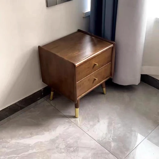 Traditional Vintage Rubberwood Zinc Alloy Square Nightstand With 2 Drawers For Bedroom