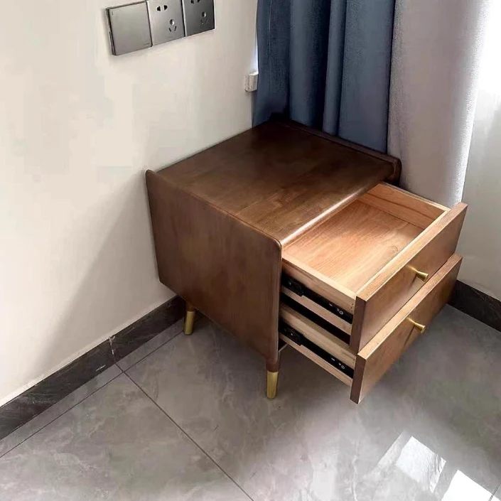 Traditional Vintage Rubberwood Zinc Alloy Square Nightstand With 2 Drawers For Bedroom