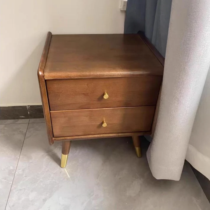 Traditional Vintage Rubberwood Zinc Alloy Square Nightstand With 2 Drawers For Bedroom