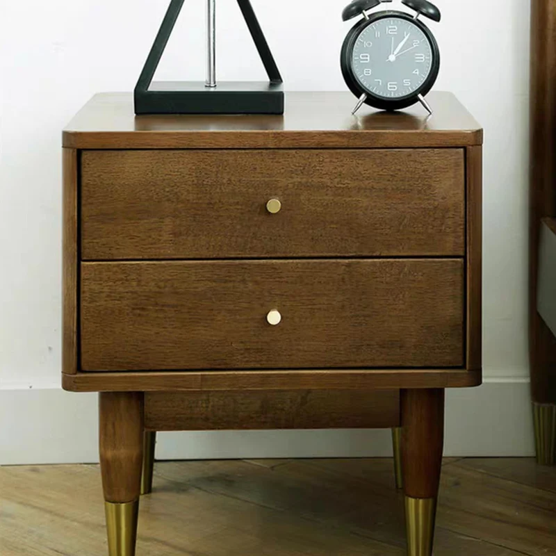 Traditional Vintage Rubberwood Zinc Alloy Square Nightstand With 2 Drawers For Bedroom