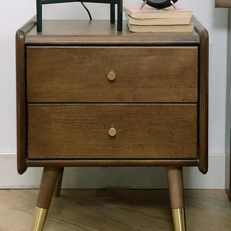 Traditional Vintage Rubberwood Zinc Alloy Square Nightstand With 2 Drawers For Bedroom