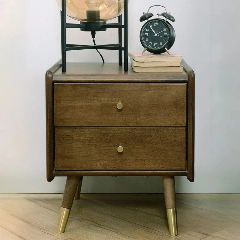 Traditional Vintage Rubberwood Zinc Alloy Square Nightstand With 2 Drawers For Bedroom