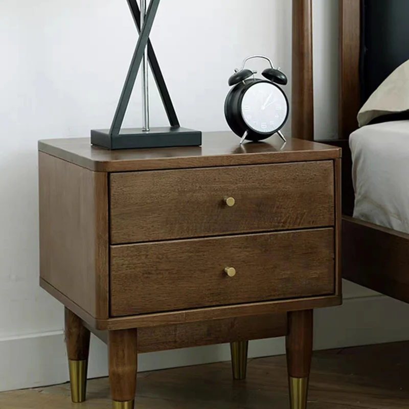 Traditional Vintage Rubberwood Zinc Alloy Square Nightstand With 2 Drawers For Bedroom