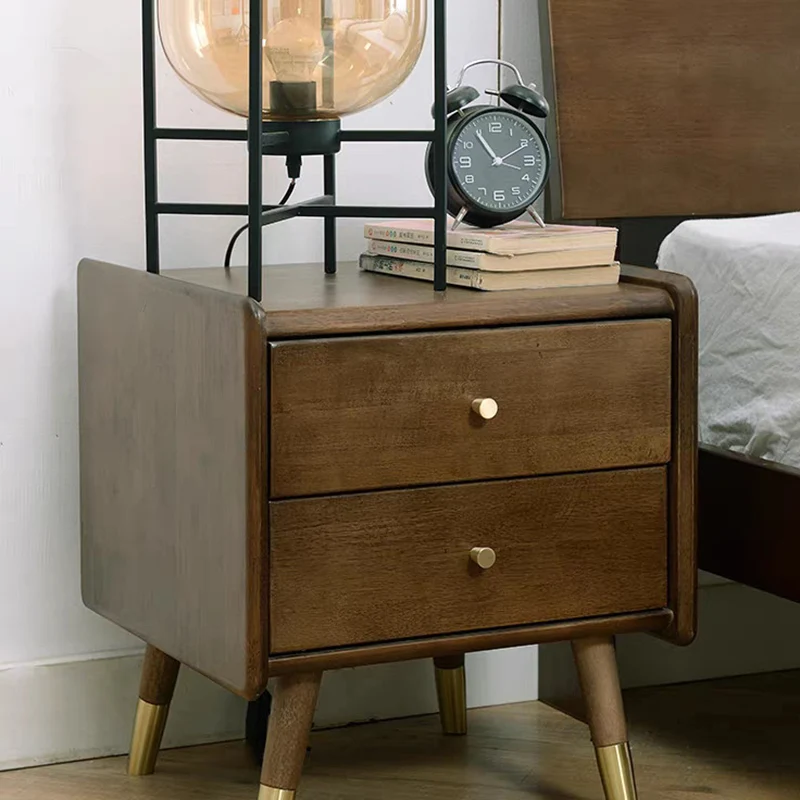 Traditional Vintage Rubberwood Zinc Alloy Square Nightstand With 2 Drawers For Bedroom