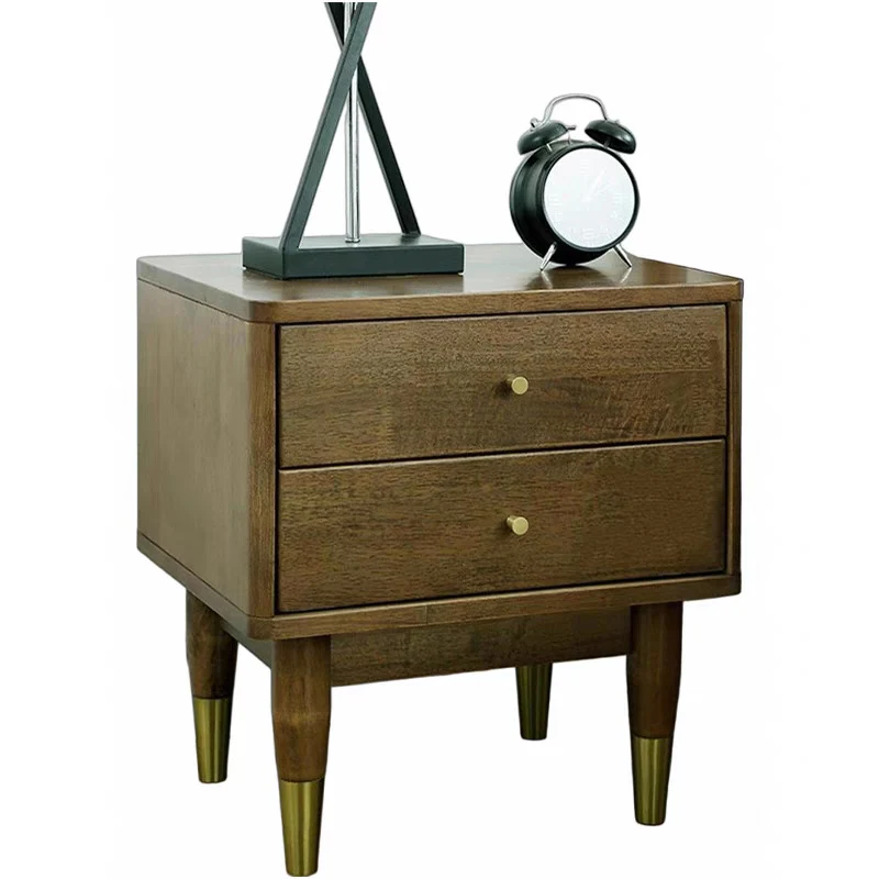 Traditional Vintage Rubberwood Zinc Alloy Square Nightstand With 2 Drawers For Bedroom