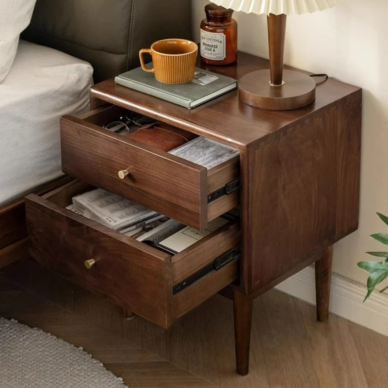 Traditional Chinese Black Walnut & Brass Square Nightstand With 2 Drawers For Bedroom
