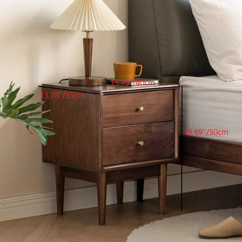 Traditional Chinese Black Walnut & Brass Square Nightstand With 2 Drawers For Bedroom