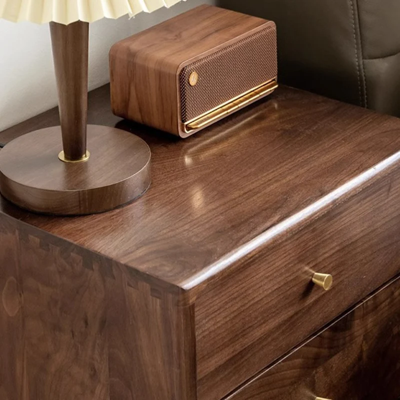 Traditional Chinese Black Walnut & Brass Square Nightstand With 2 Drawers For Bedroom