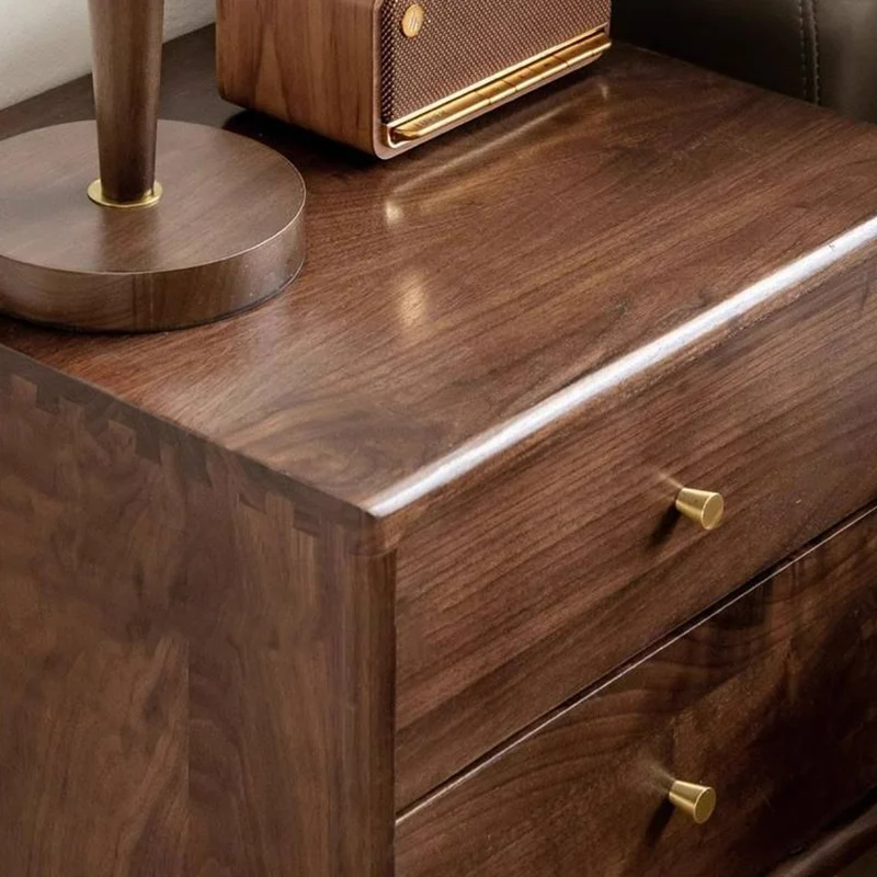 Traditional Chinese Black Walnut & Brass Square Nightstand With 2 Drawers For Bedroom