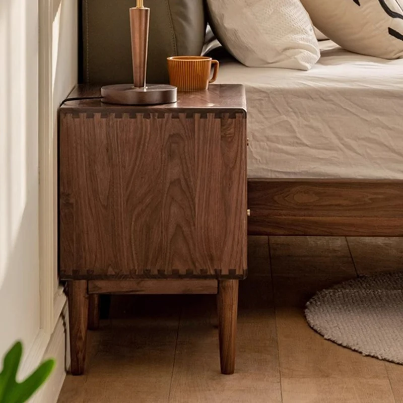 Traditional Chinese Black Walnut & Brass Square Nightstand With 2 Drawers For Bedroom