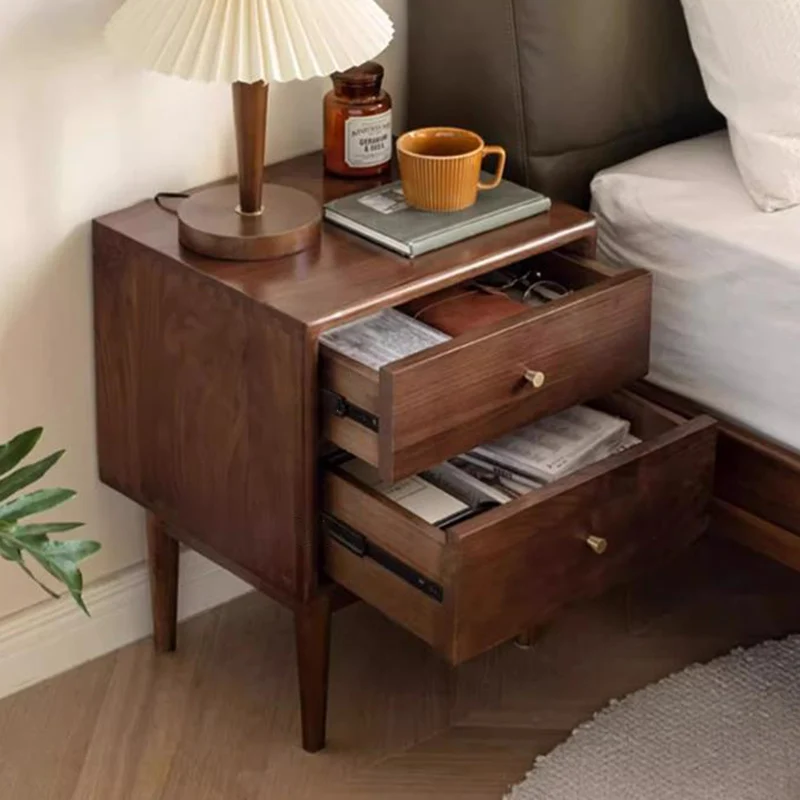 Traditional Chinese Black Walnut & Brass Square Nightstand With 2 Drawers For Bedroom