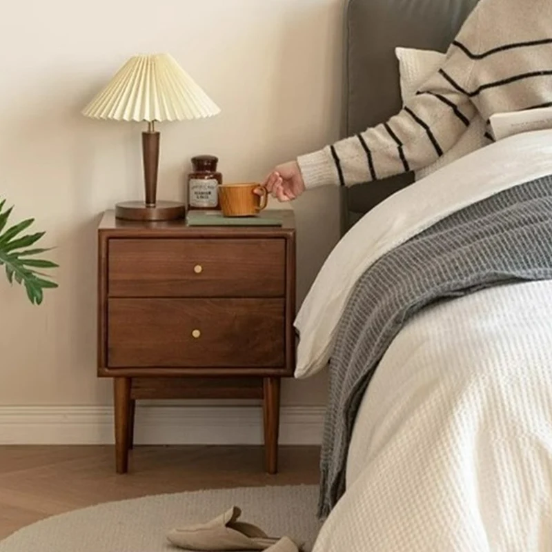 Traditional Chinese Black Walnut & Brass Square Nightstand With 2 Drawers For Bedroom