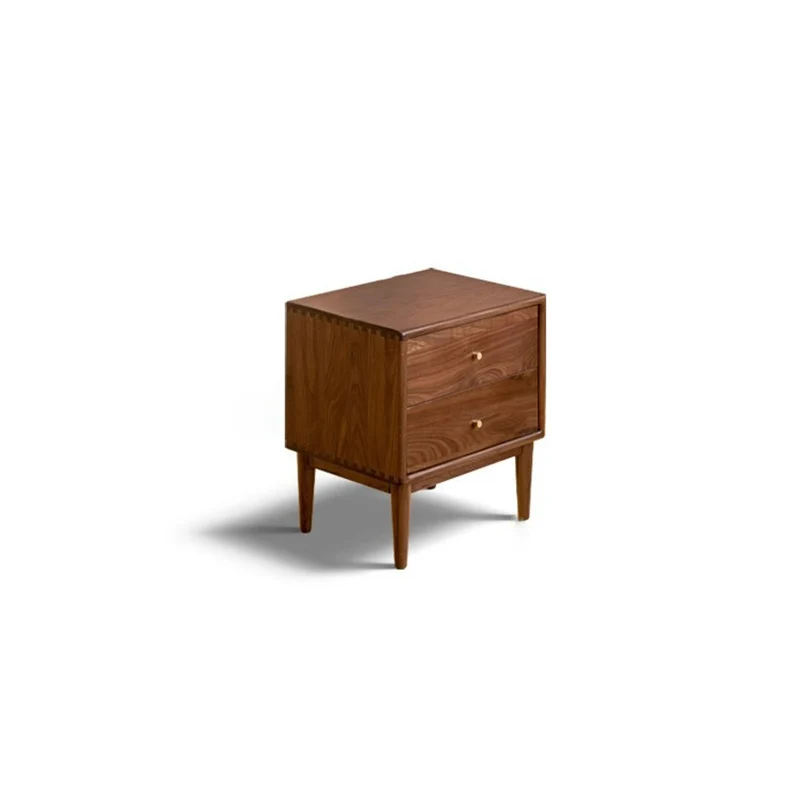 Traditional Chinese Black Walnut & Brass Square Nightstand With 2 Drawers For Bedroom
