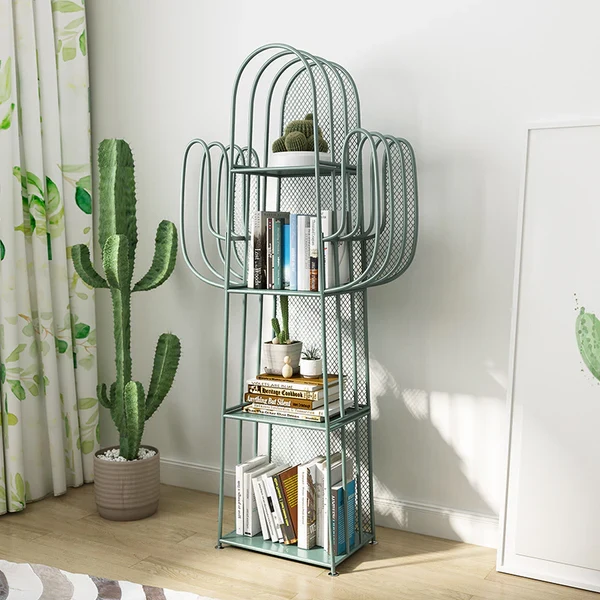 Modern Minimalist Cactus-Shaped Iron Bookshelves 4-Tier Artistic Durability For Living Room