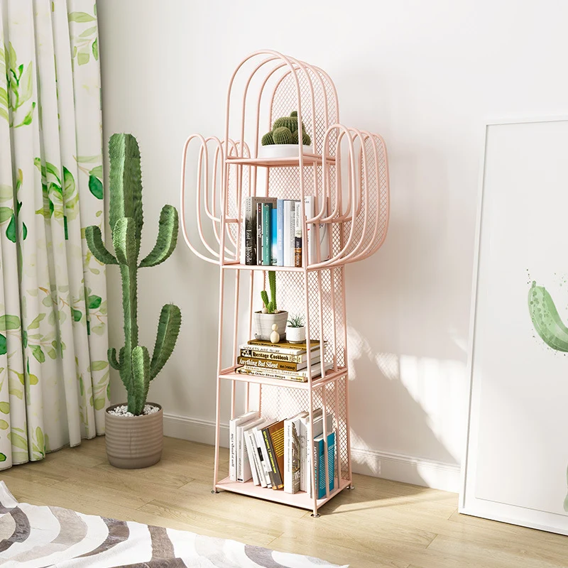 Modern Minimalist Cactus-Shaped Iron Bookshelves 4-Tier Artistic Durability For Living Room